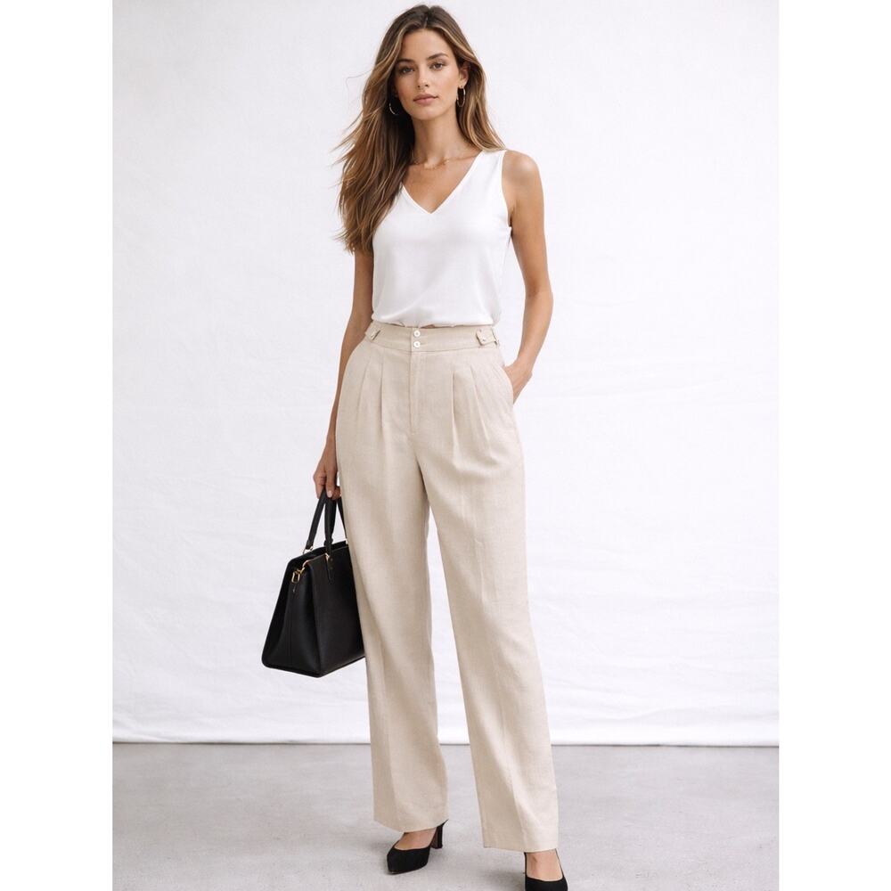 Together Linen Blend Pants Women Sz 6 Oatmeal High Rise Pleated Minimal Career - Picture 2 of 11